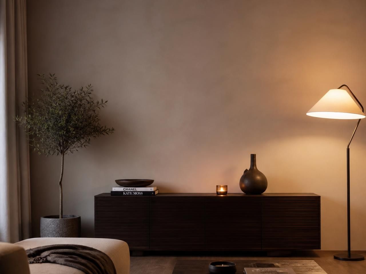 White Concrete Effect Porcelain Large Format Slabs 1200x2800mm run as a living room feature wall, installed in 1200x2800mm