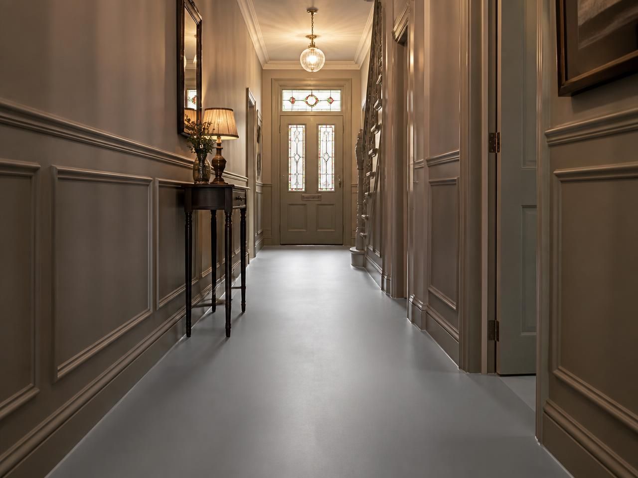 White Concrete Effect Porcelain Floor Tiles 600x600mm laid in a hallway, installed in 600x600mm